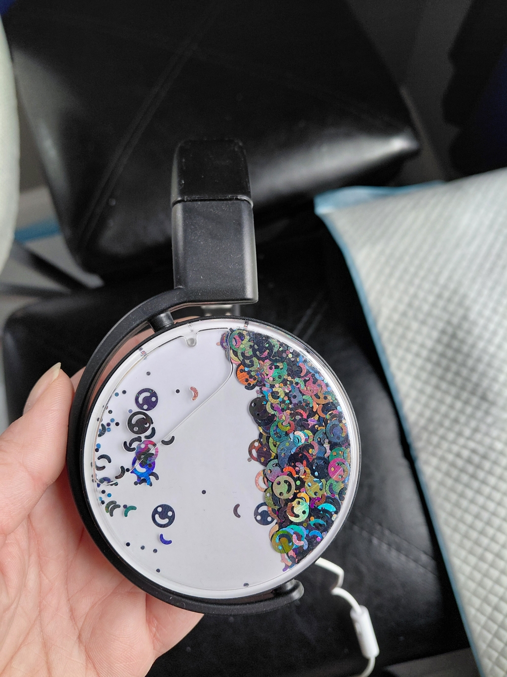 Black Headphones with White Decorative Earcup - Glitter Confetti Design